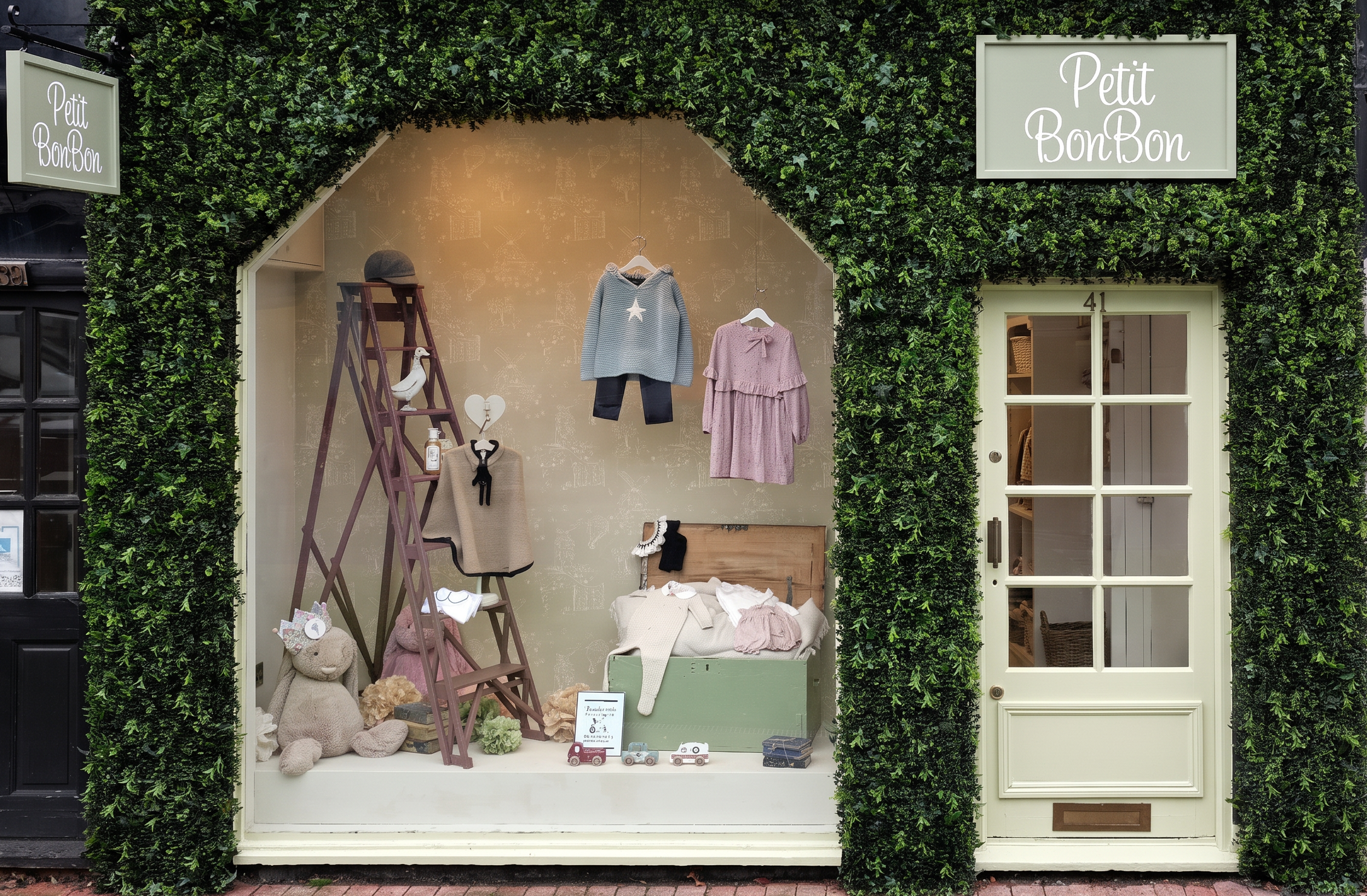 The ivy-framed Petit BonBon shop front and window display