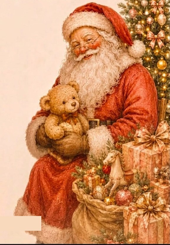 Illustration of Father Christmas holding a teddy bear beside a decorated Christmas tree and wrapped gifts